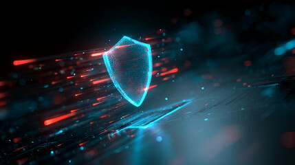 Poster - glowing blue shield, digital particles, dark background, symbolizes cybersecurity, data protection, 