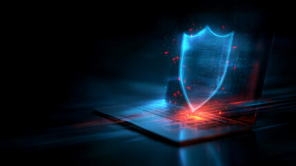 Aufkleber - Glowing blue shield icon above laptop keyboard, symbolizes digital security and online protection, conveying technological safety and data privacy