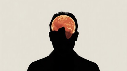 Wall Mural - Silhouette of a person with a planet inside their head on a cream background