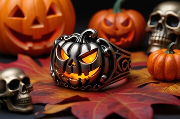 Aufkleber - A Halloween-themed ring featuring a jack-o'-lantern design is placed on a bed of autumn leaves, surrounded by decorative skulls.