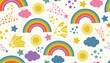 © _aine_ - Cheerful seamless pattern with rainbows, shooting stars, clouds, and suns in flat cartoon style on white background. A lively and dreamy design perfect for kids products and fun prints.