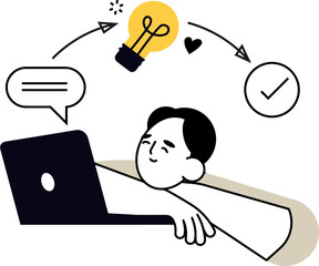 Poster - Cartoon idea lightbulb laptop person thinking innovation inspiration creativity solution concept design art vector art illustration