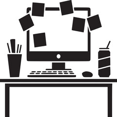 Poster - Computer desk with floating squares, drink, and pencils in a black and white style