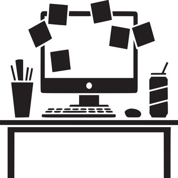 Computer desk with floating squares, drink, and pencils in a black and white style