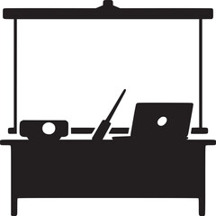 Poster - Black silhouette of a desk with a laptop projector and screen overhead view