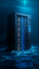 Poster - dark server rack submerged in dark blue water, illuminated from above, showcasing vulnerability and 