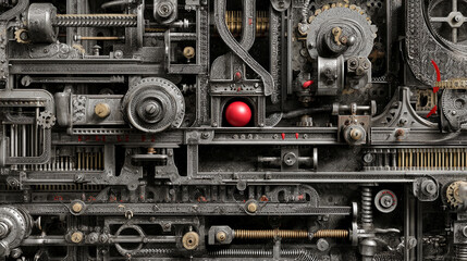 Poster - Intricate metallic gears and mechanisms form a complex background, showcasing a single red sphere at its center, symbolizing precision, engineering, or industrial design