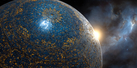Poster - Intricate blue and gold sphere texture, cosmic design, suggestive of a celestial body or futuristic technology, creating a sense of mystery and wonder