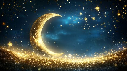 Wall Mural - Golden crescent moon in night sky