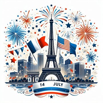 Happy Bastille Day card, banner on black background. French National Day. Vector illustration, created with generative ai