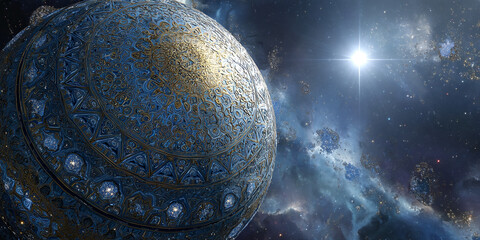Poster - Ornate blue and gold sphere against a cosmic background, showcasing intricate detailing and celestial elements, symbolizing artistry, mystery, and the vastness of space