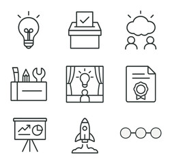 Innovation Icons Grid. Outline icon set of innovation management elements: idea lightbulb, suggestion box, brainstorming cloud,