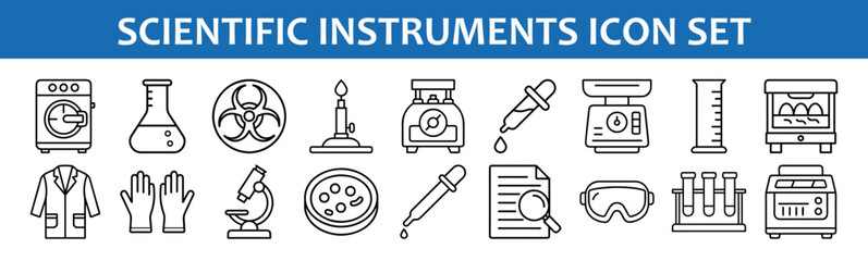 Poster - Scientific lab equipment icons set vector illustration research tools and instruments outline style