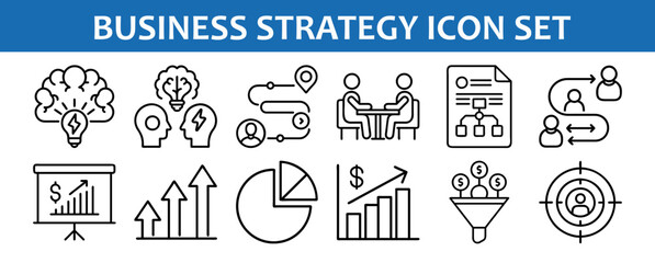 Poster - Business Strategy Icons for Presentations and Planning, Set of line-style business strategy icons including charts, meetings, growth, teamwork, and planning tools for corporate use.