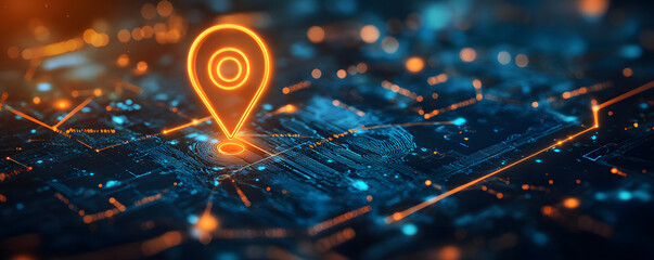 Poster - Modern tech roadmap graphic shows future infrastructure upgrades, software implementation. Plan for future innovations. Illustrates tech improvement, migration. Glowing orange marker pinpoints