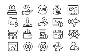 Line style icons of staking and rewards: stake token, earn rewards, APR icon, staking pool, lock period, unstake icon, reward claim, staking dashboard, validator node, staking wallet, interest