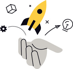 Poster - Rocket launch startup business innovation technology growth hand gear arrow success progress concept idea vector art illustration