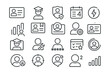 © Valentyna - Line style icons of user and learner experience: user card, student avatar, learning badge, study streak, skill level, course status, learning profile, progress ring, student ID icon, account setup,