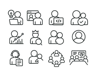 line style icons of cross-functional teams: product manager, ux designer, developer icon, qa tester,