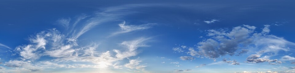 Wall Mural - Seamless cloudy blue sky hdri panorama 360 degrees angle view with zenith and beautiful clouds for use in 3d graphics or game development as sky dome or edit drone shot
