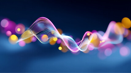 Abstract wave pattern with colorful lines and bokeh lights on a dark blue gradient background art design