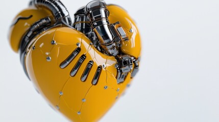 Poster - A yellow heart with metal parts and a broken part. The heart is broken and has a metallic look to it