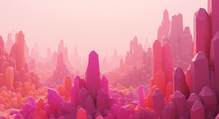 Poster - Surreal landscape of glowing pink crystal formations in a soft, hazy, dreamlike atmosphere, evoking wonder and fantasy.
