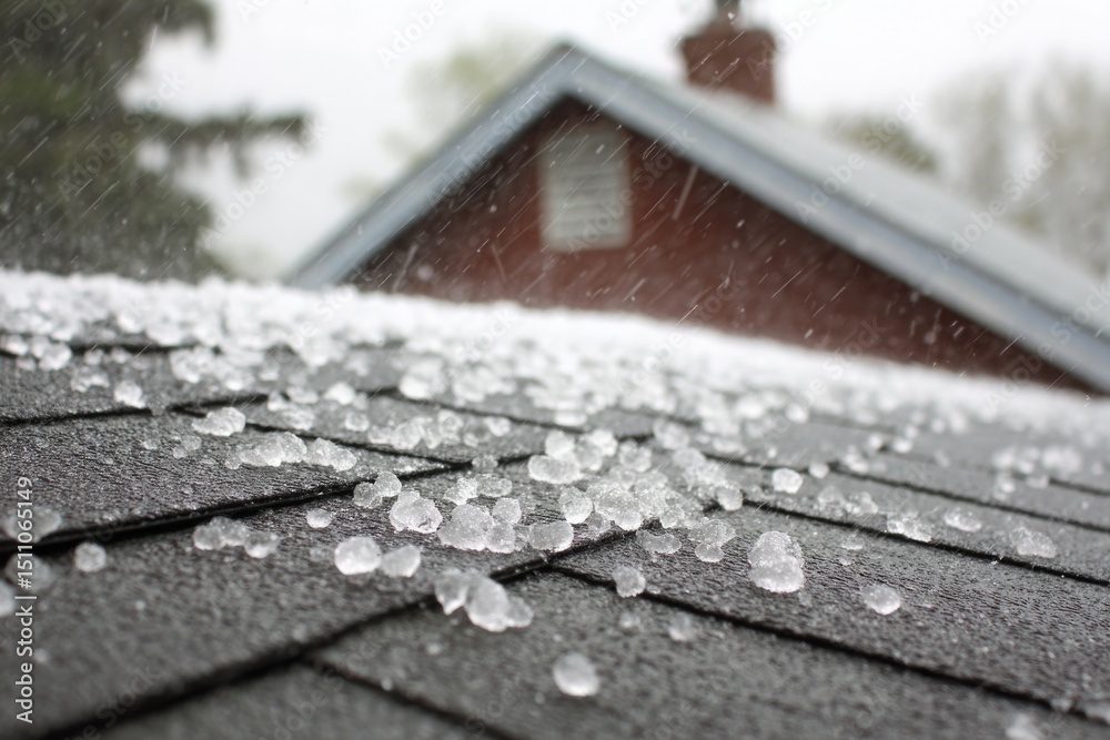 Hailstorm with ice pellets striking roof shingles during severe weather ...