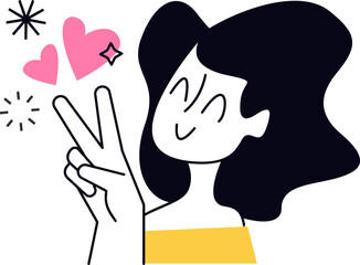Poster - Woman peace sign hearts love celebration happiness joy positivity cartoon illustration graphic design art vector art illustration