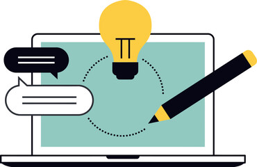 Poster - Laptop idea lightbulb communication creative design business strategy innovation solution concept pencil vector art illustration