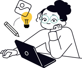 Poster - Illustration woman laptop thinking idea glasses vector design concept character studying working online art pi symbol vector art illustration