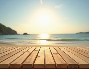 Poster - A beautiful and inviting wooden table stretches across a sandy beach, bathed in warm sunlight, while gentle waves lap the shore under a clear blue sky Generative AI