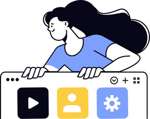 Fototapete - Illustration of woman using website interface for video profile and settings management online now vector art illustration