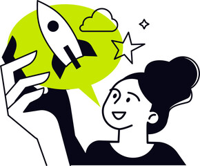 Poster - Woman planning startup idea launch rocket business growth strategy innovation success vector graphic design vector art illustration
