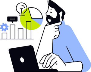 Poster - Analyzing data man with laptop and chart for business intelligence and financial analysis strategy success vector art illustration