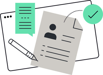 Poster - Document checklist form application process verification tick approval sign pen paper review checkmark vector art illustration