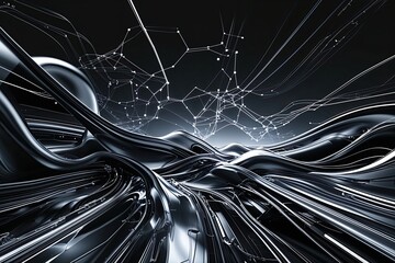 Poster - Elegant Black Abstract Background with Fluid Technological Movements and Network Concept