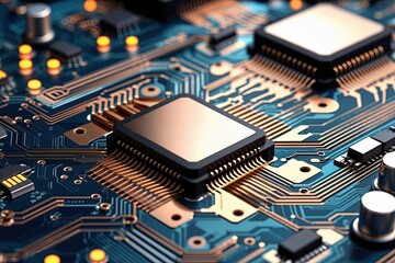 Leinwandbilder - Textured Circuit Board Design with Metallic Finishes and Signal Waves in a Technology Concept