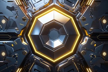 Poster - Dimensional Metallic Background with Hexagonal Lights and Tech-Inspired Design