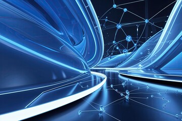 Poster - Futuristic Blue Background with Glowing Curves and Molecular Connection Effects