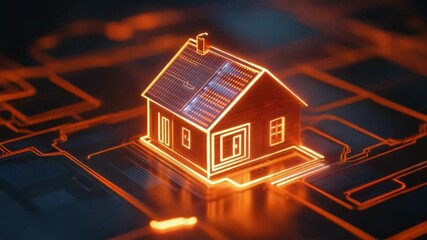 Poster - Digital representation of glowing house on circuit board background for technology and innovation themes