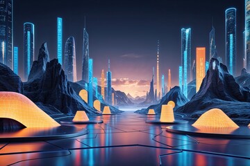 Poster - Futuristic Digital Landscape Highlighting Technology and Innovation Features