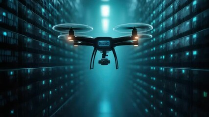 Poster - Futuristic Drone Hovering in a High-Tech Data Center with Neon Lights and Modern Design Elements
