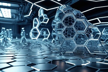 Poster - Innovative Healthcare Technology in a Futuristic Medical Landscape with Hexagonal Grid Patterns