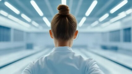 Poster - female scientist in white lab coat standing in laboratory with modern equipment and bright lighting