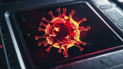 Poster - 3D rendering of a colorful virus model showcasing intricate details on a digital interface background