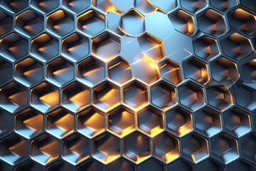 Poster - Luminous Honeycomb Pattern in Metallic Steel Texture with Radiant Light Effects