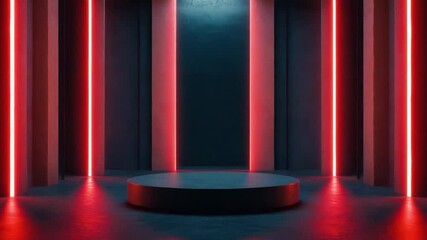 Poster - Modern Studio Scene with Circular Platform and Neon Red Lights in a Dark Environment