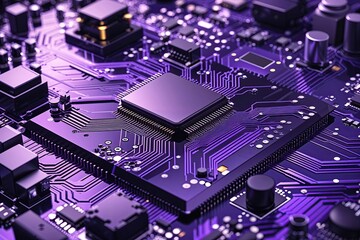 Leinwandbilder - Sleek Circuit Board Illustration with Shimmering Purple Layers and Innovative Tech Solutions Background