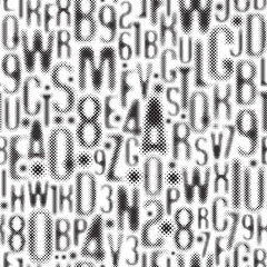 Poster - Seamless pattern with a font consisting of dots. On the theme of matrix printing, computer games, digital technology, pixels. Illegible, unreadable letters and numbers of the alphabet. No AI is used